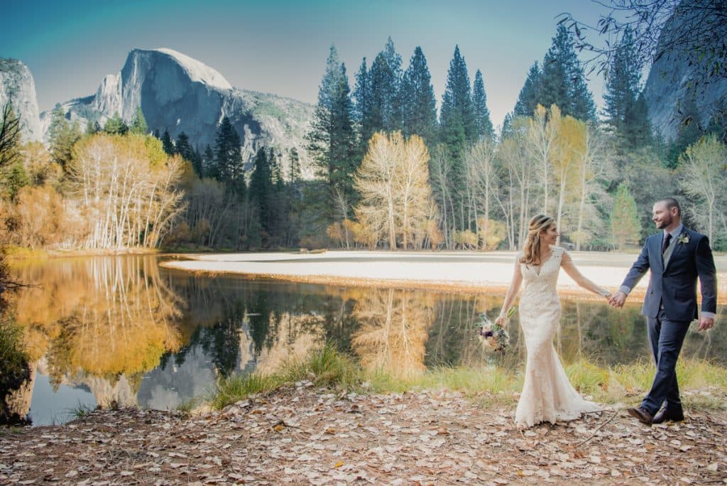 Fall Yosemite wedding couple with golden autumn colors and granite backdrop