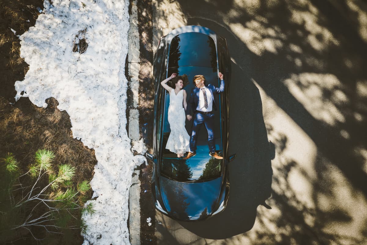 Lake Tahoe wedding photographer aerial shot of alpine lake and Sierra Nevada