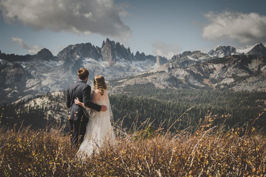 Mammoth Lakes California wedding couple with Eastern Sierra mountain backdrop