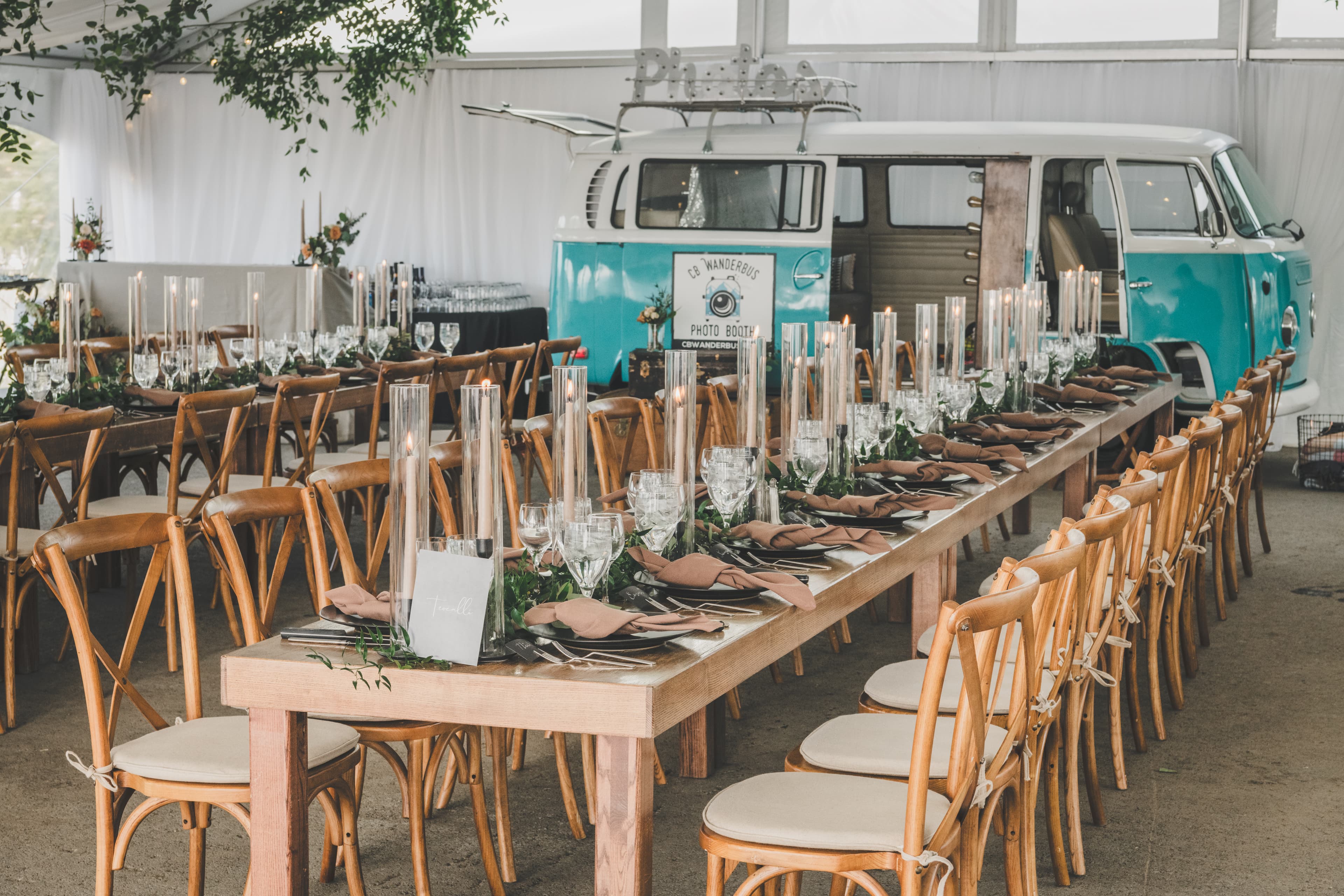 Vintage teal VW van photo booth set up at Greg and John's reception