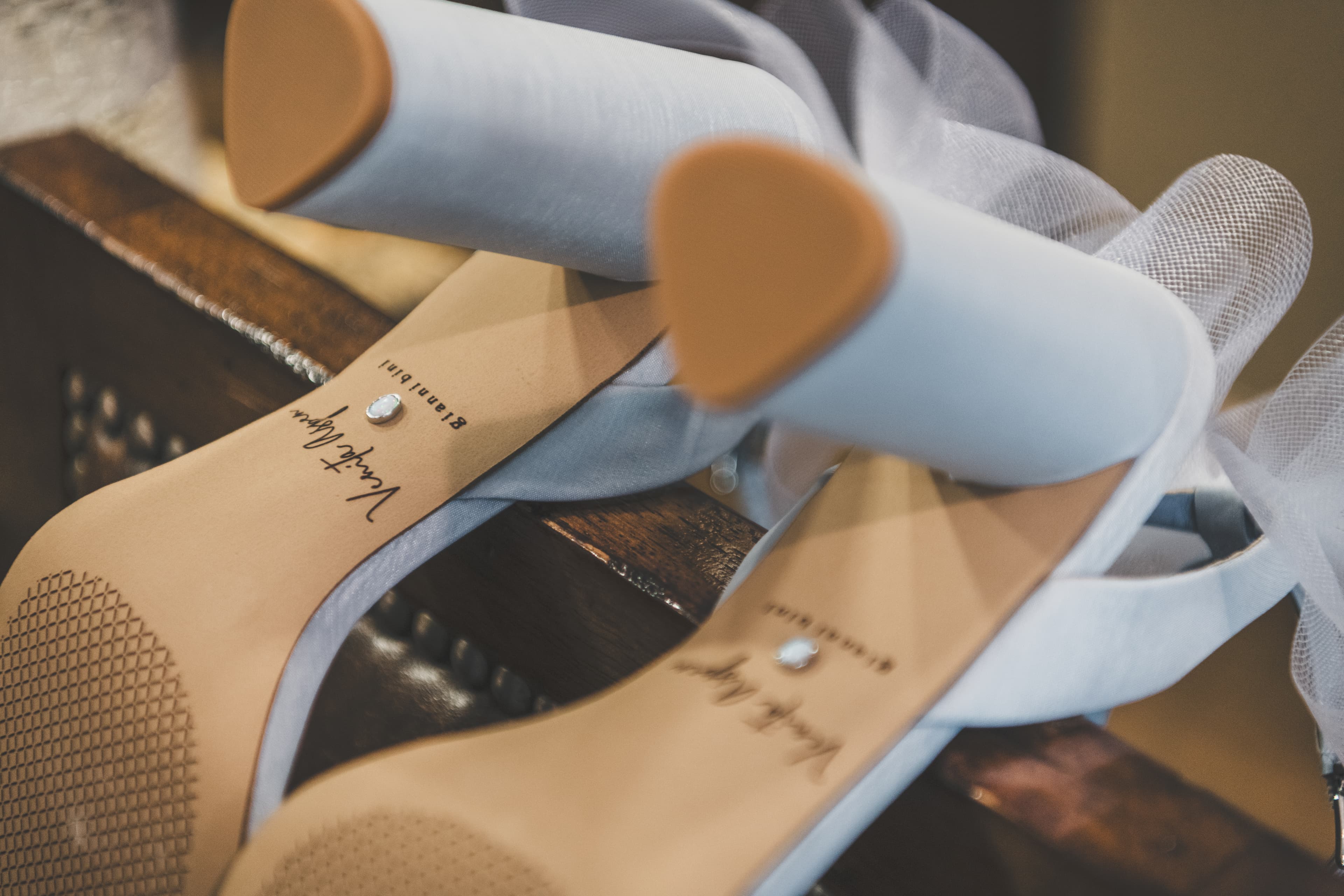 Detail close-up of Hannah's pale blue Vince Camuto bridal heels