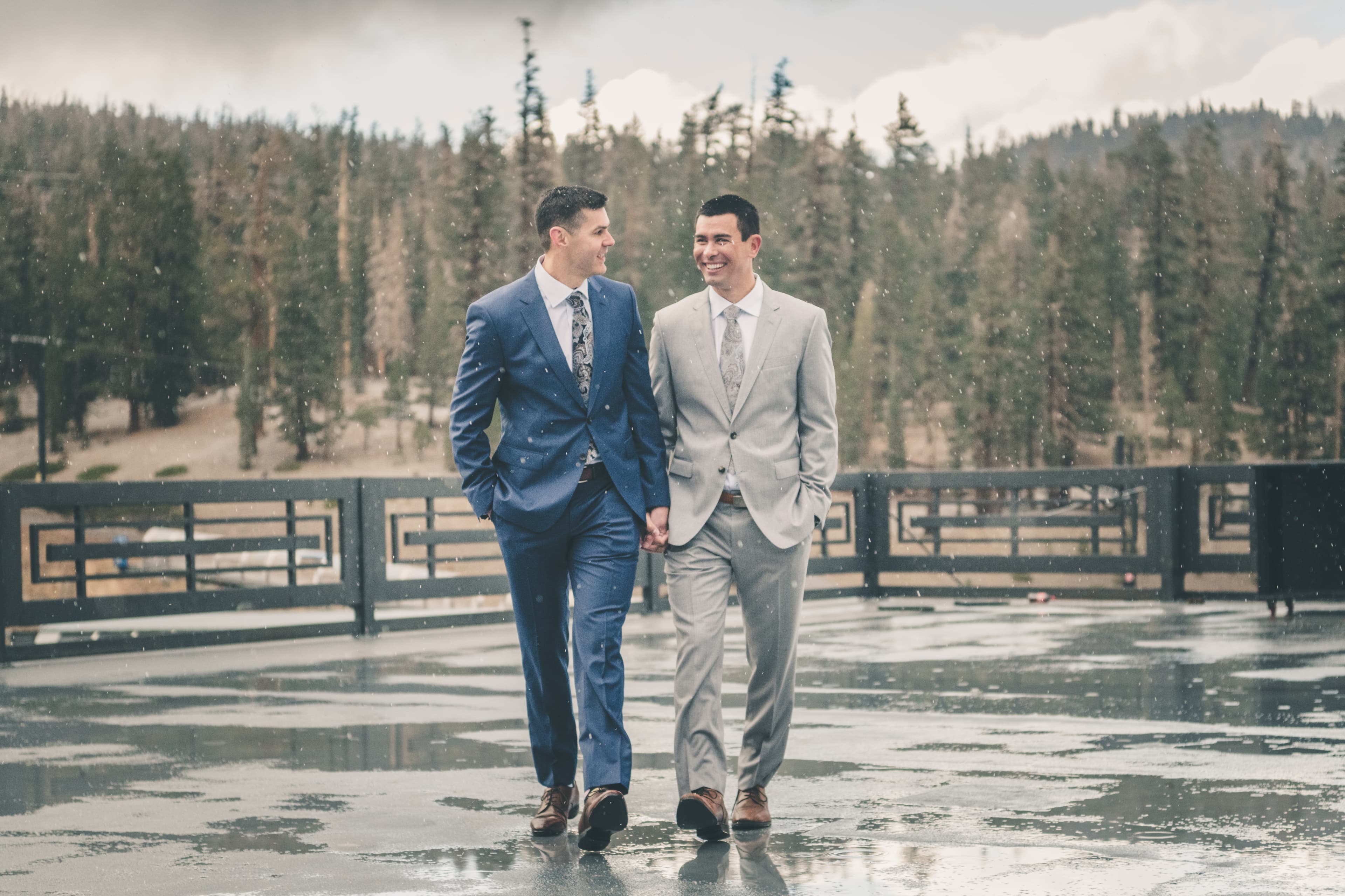 Ben and Zack wedding at Mammoth — couple with alpine mountain backdrop