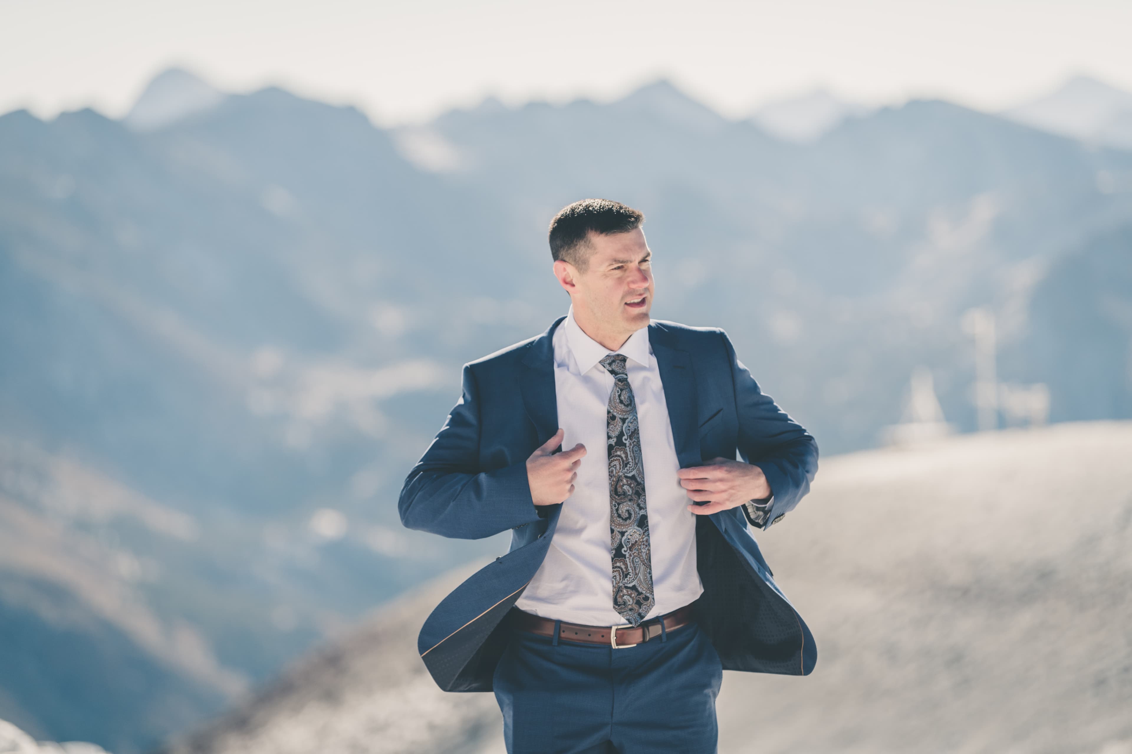 Ben and Zack Mammoth wedding — intimate portrait with alpine backdrop