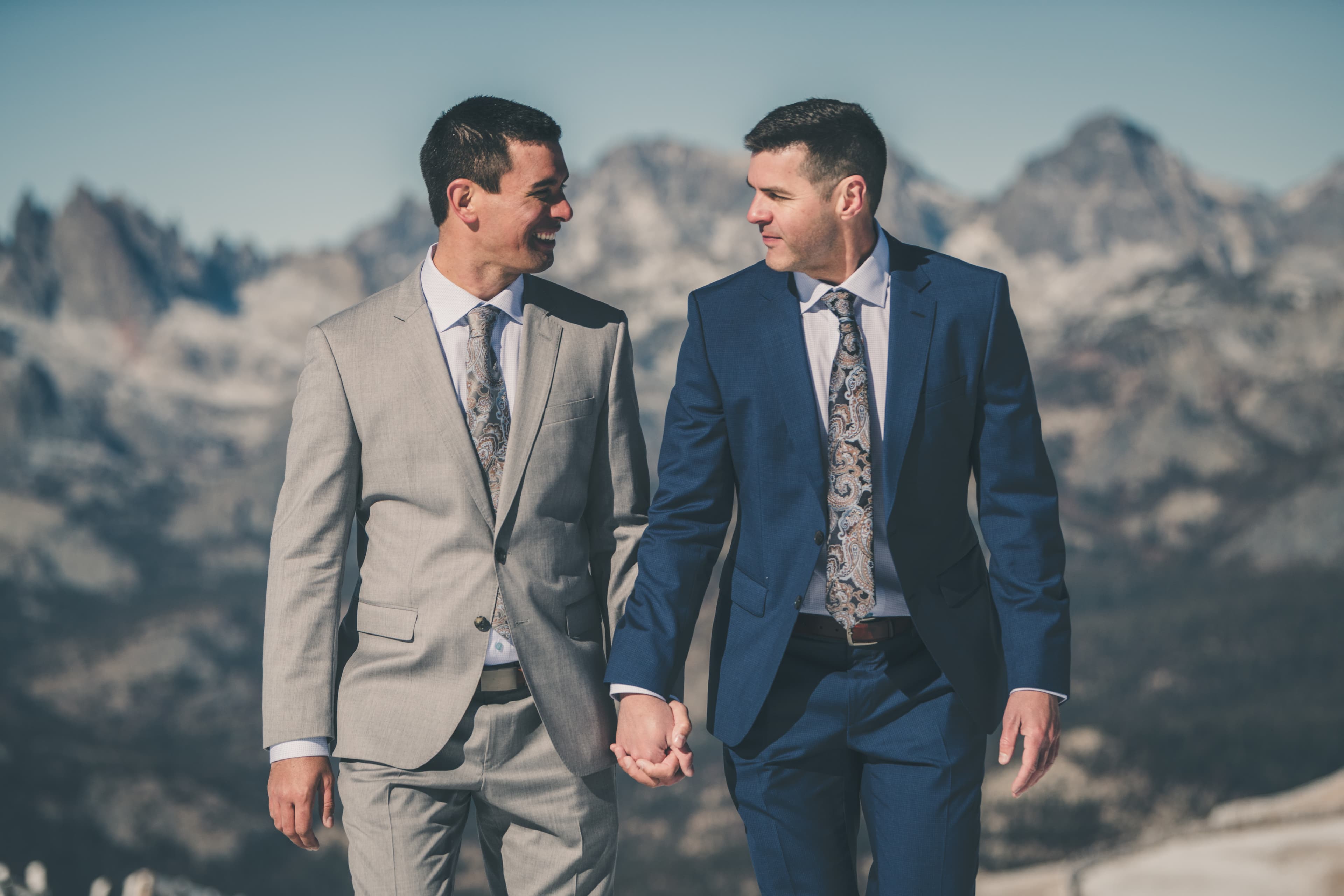 Ben and Zack Mammoth wedding — intimate moment with mountain backdrop