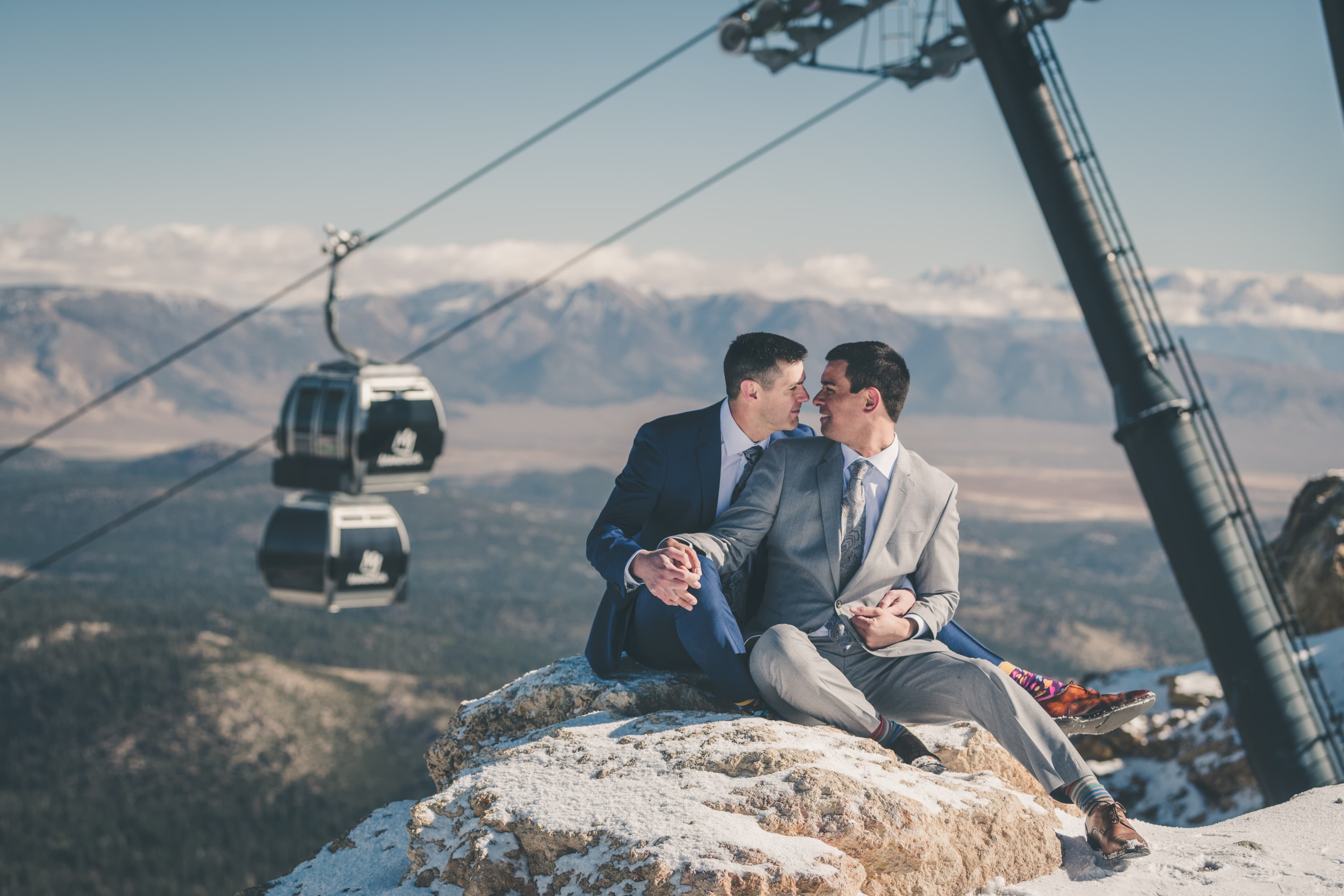 Ben and Zack wedding portrait — Mammoth Lakes mountain and sky backdrop