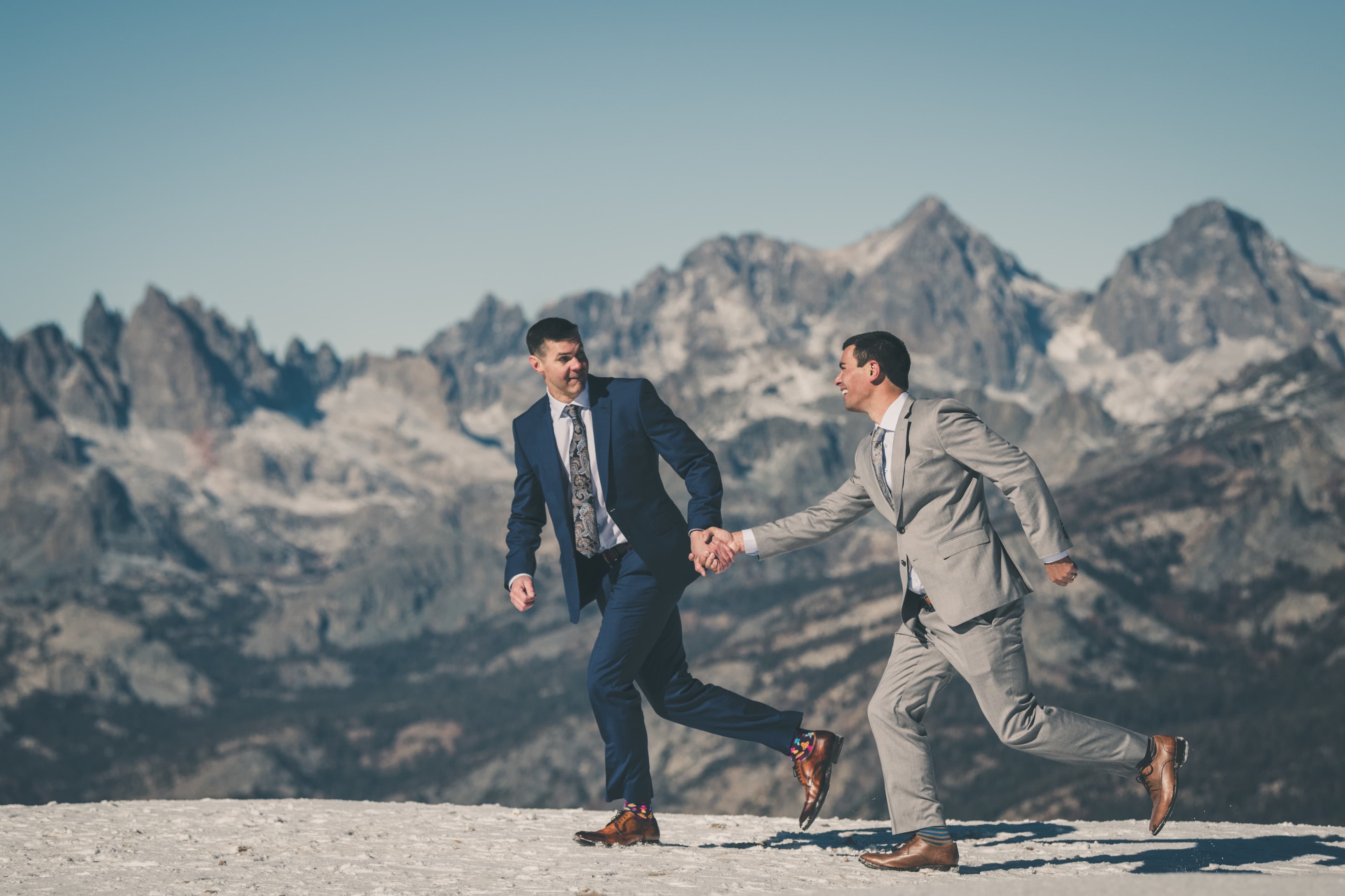 Ben and Zack Mammoth wedding — candid moment in the Sierra Nevada landscape