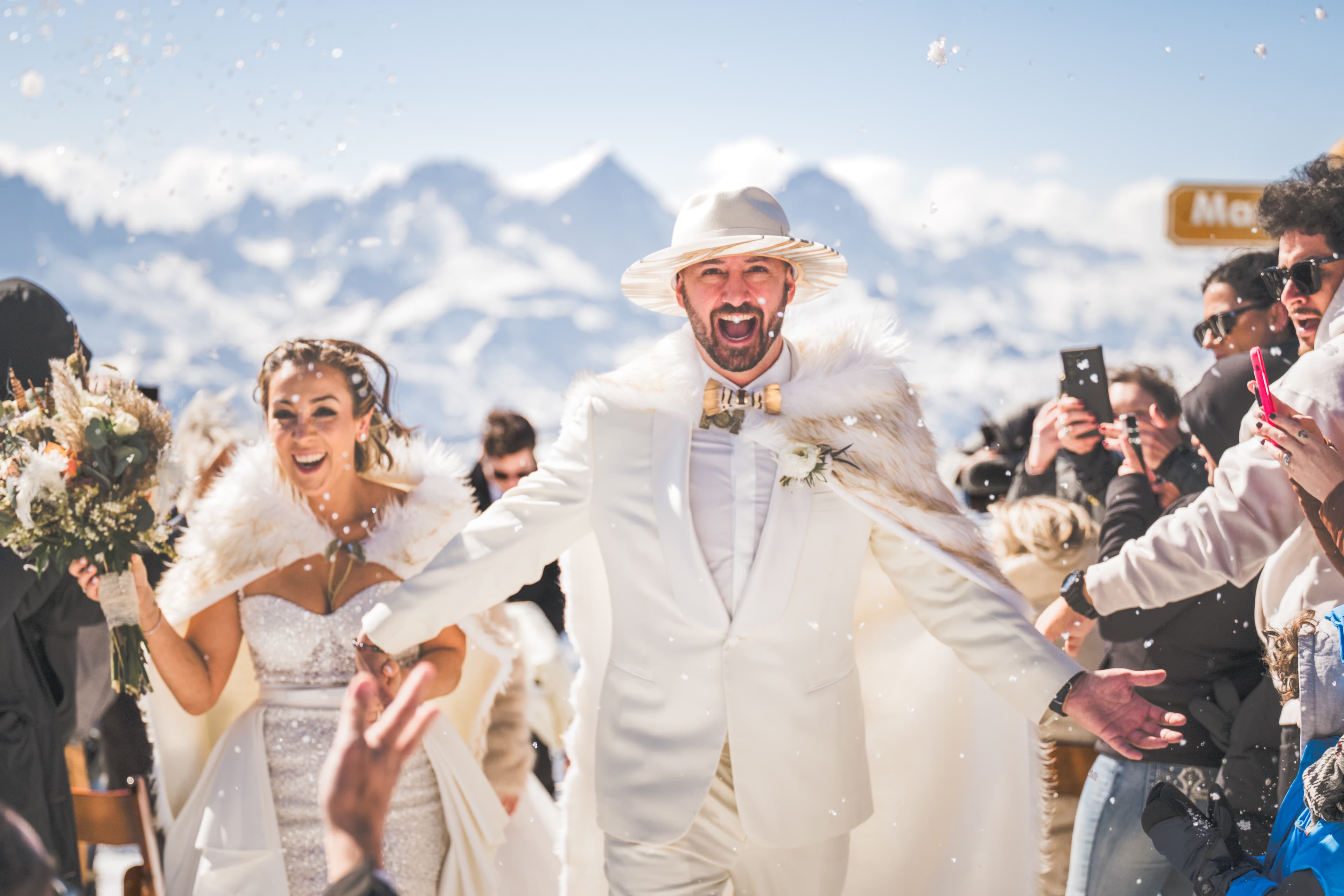 Diana and Ara Mammoth wedding — couple embracing with alpine scenery