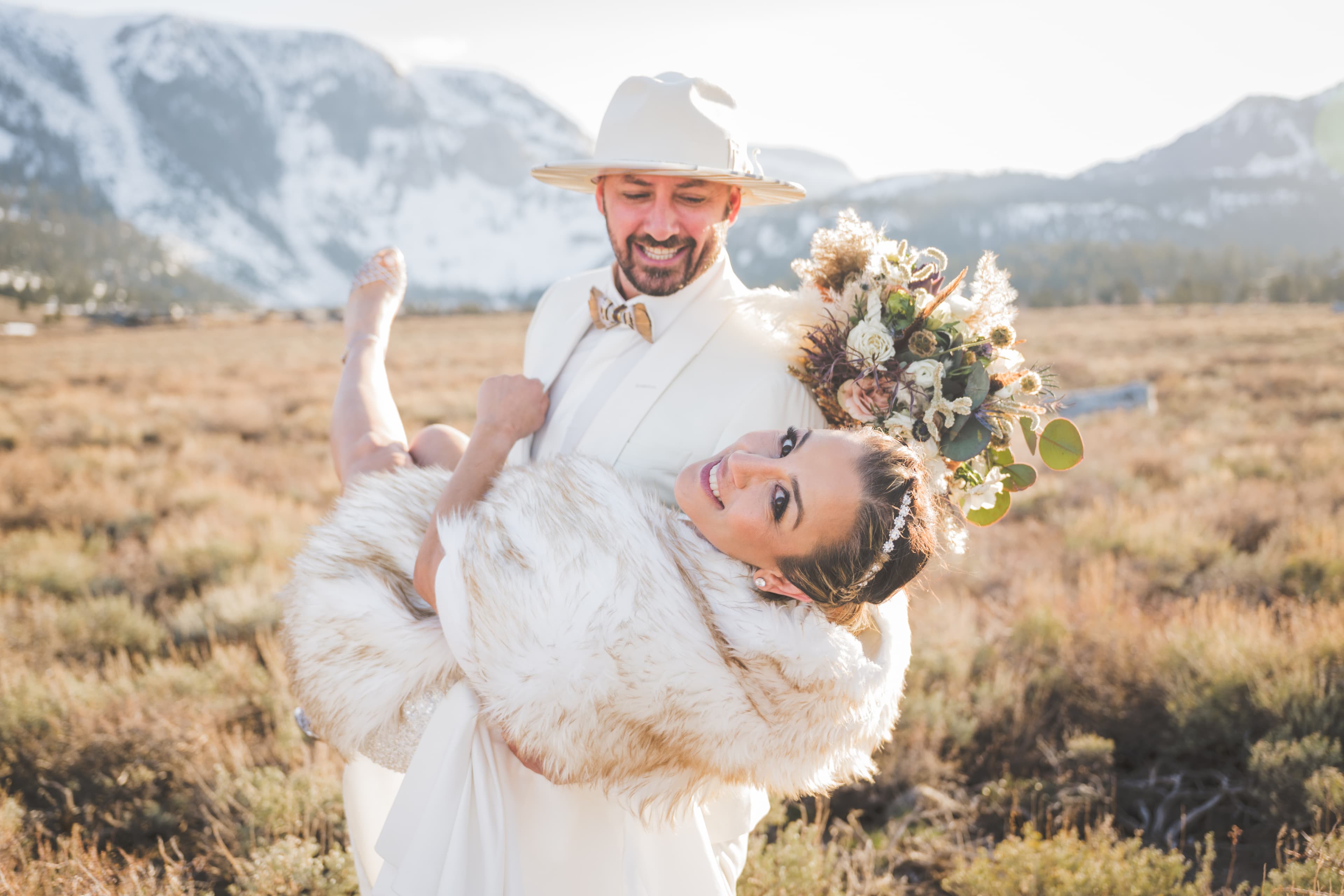 Diana and Ara Mammoth wedding — couple walking through the Eastern Sierra
