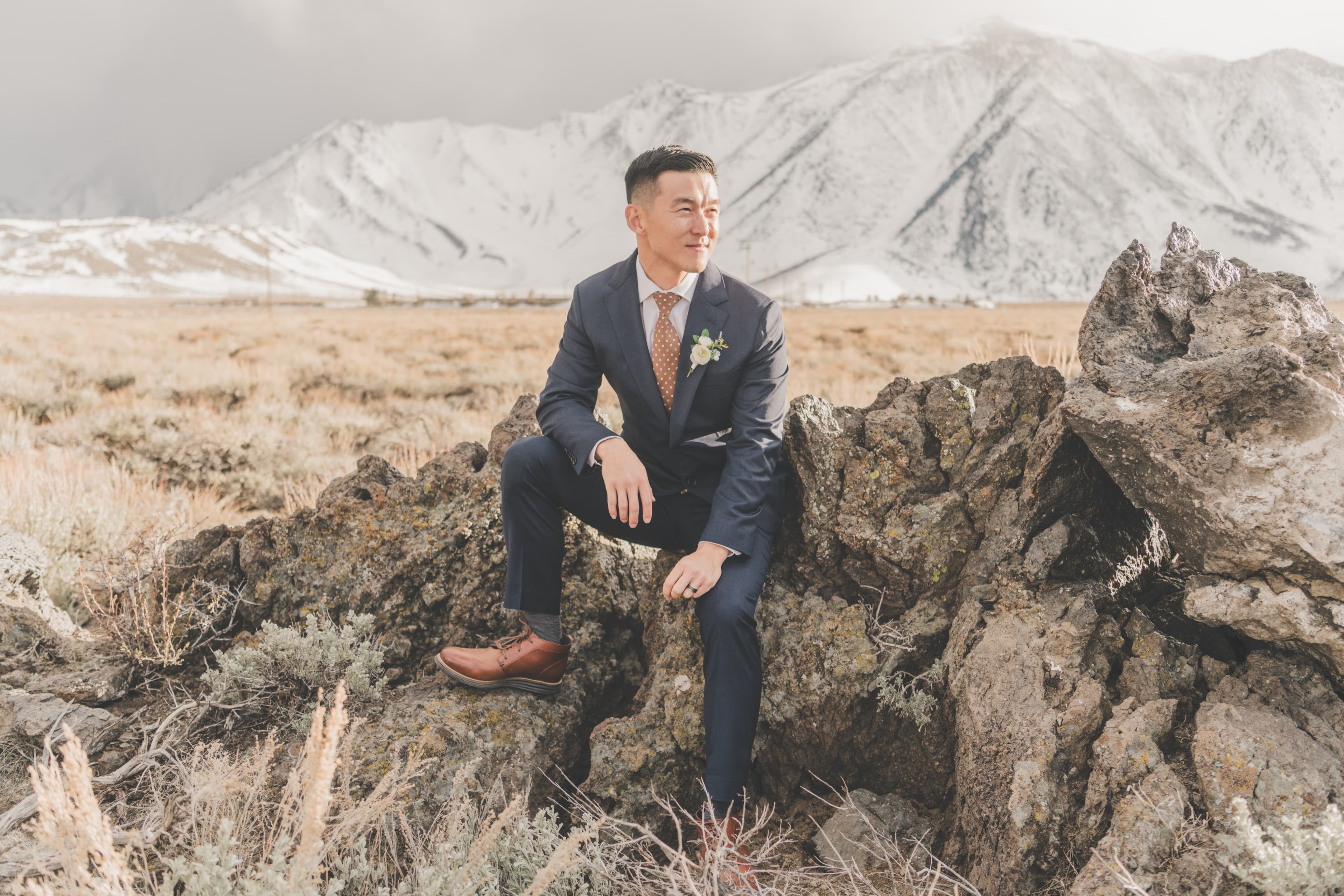Hana and Chris Mammoth wedding — intimate portrait with alpine backdrop