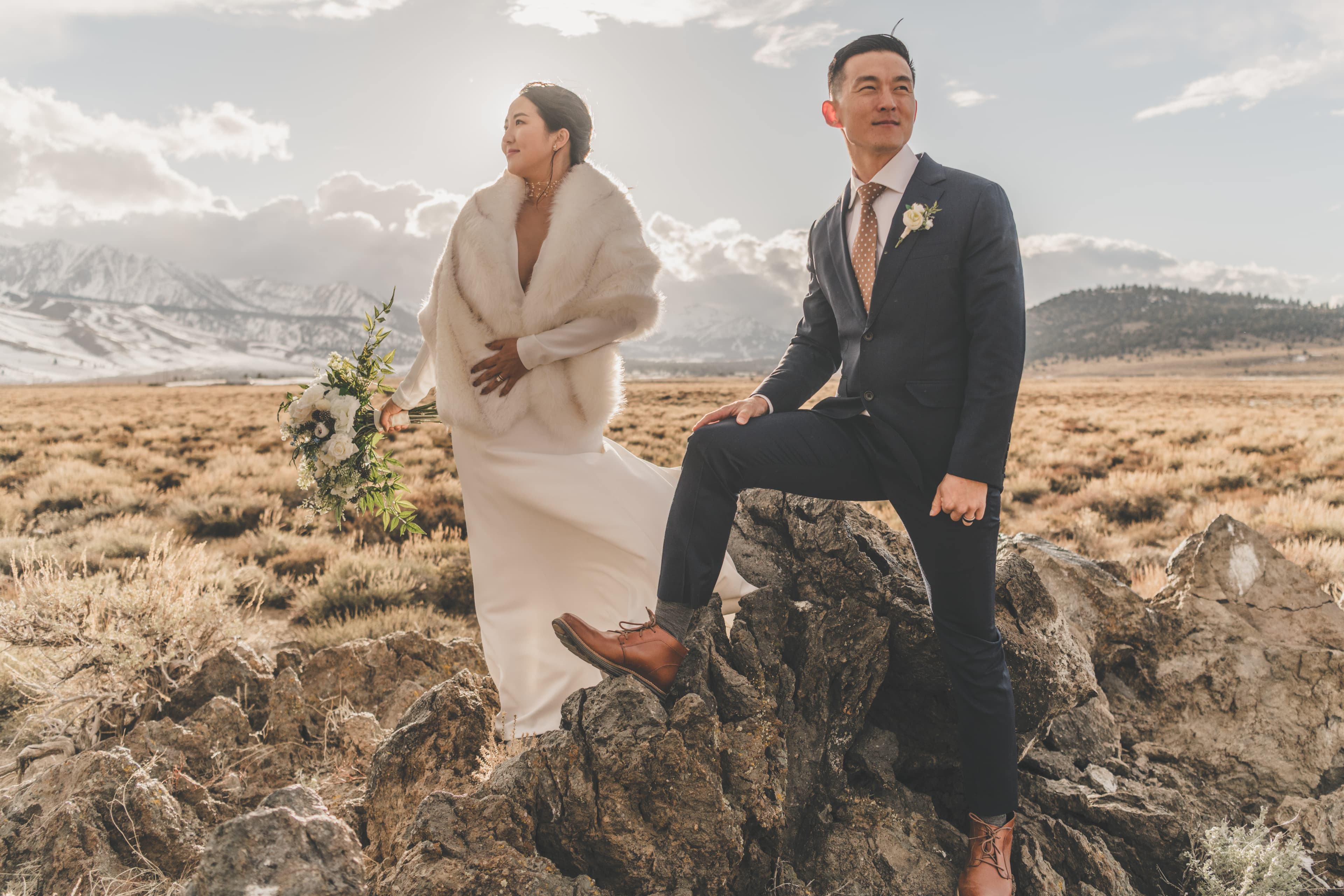Hana and Chris wedding at Mammoth Lakes — couple with Eastern Sierra peaks