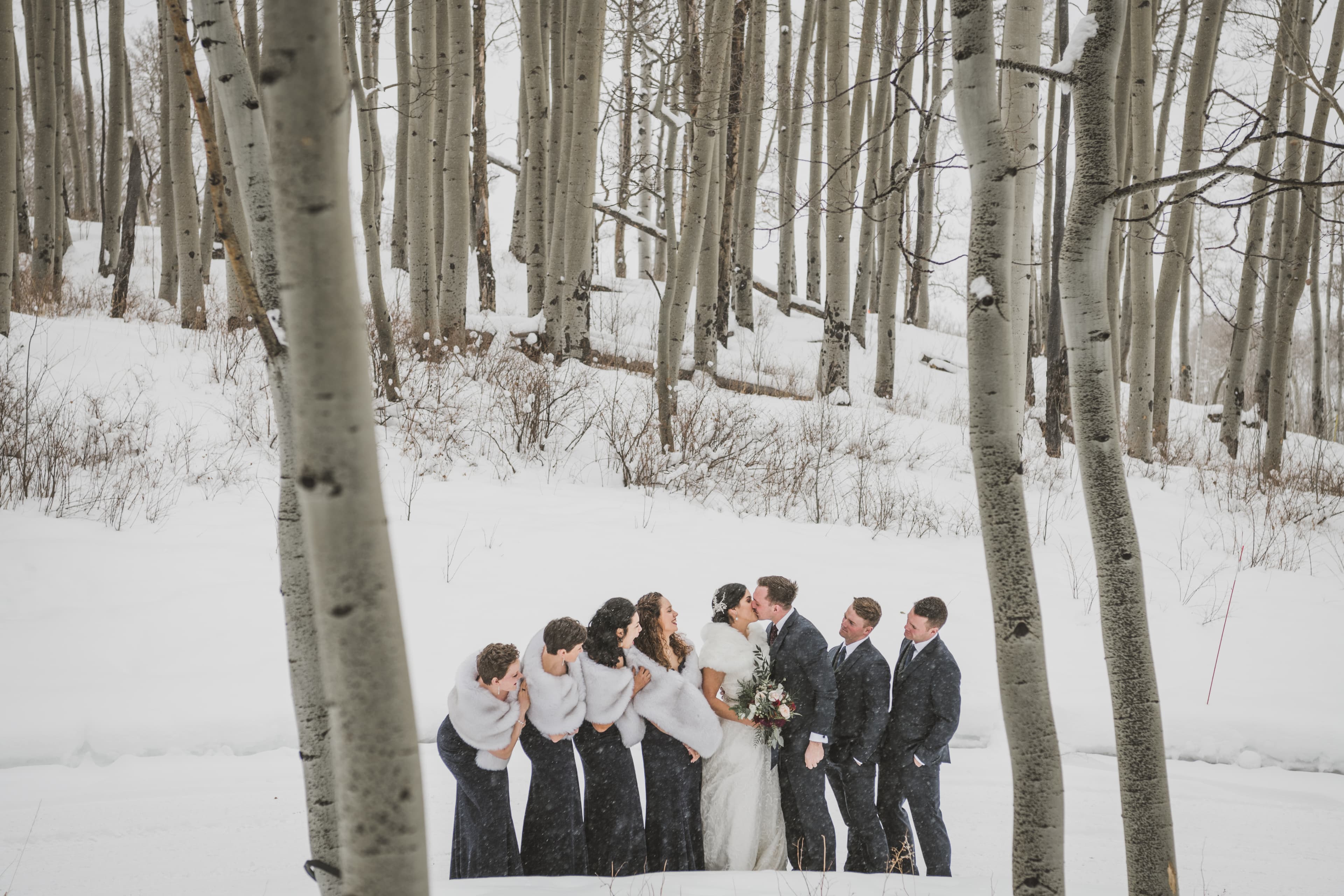 The bridal party kissing partners in the snowy Telluride aspen grove
