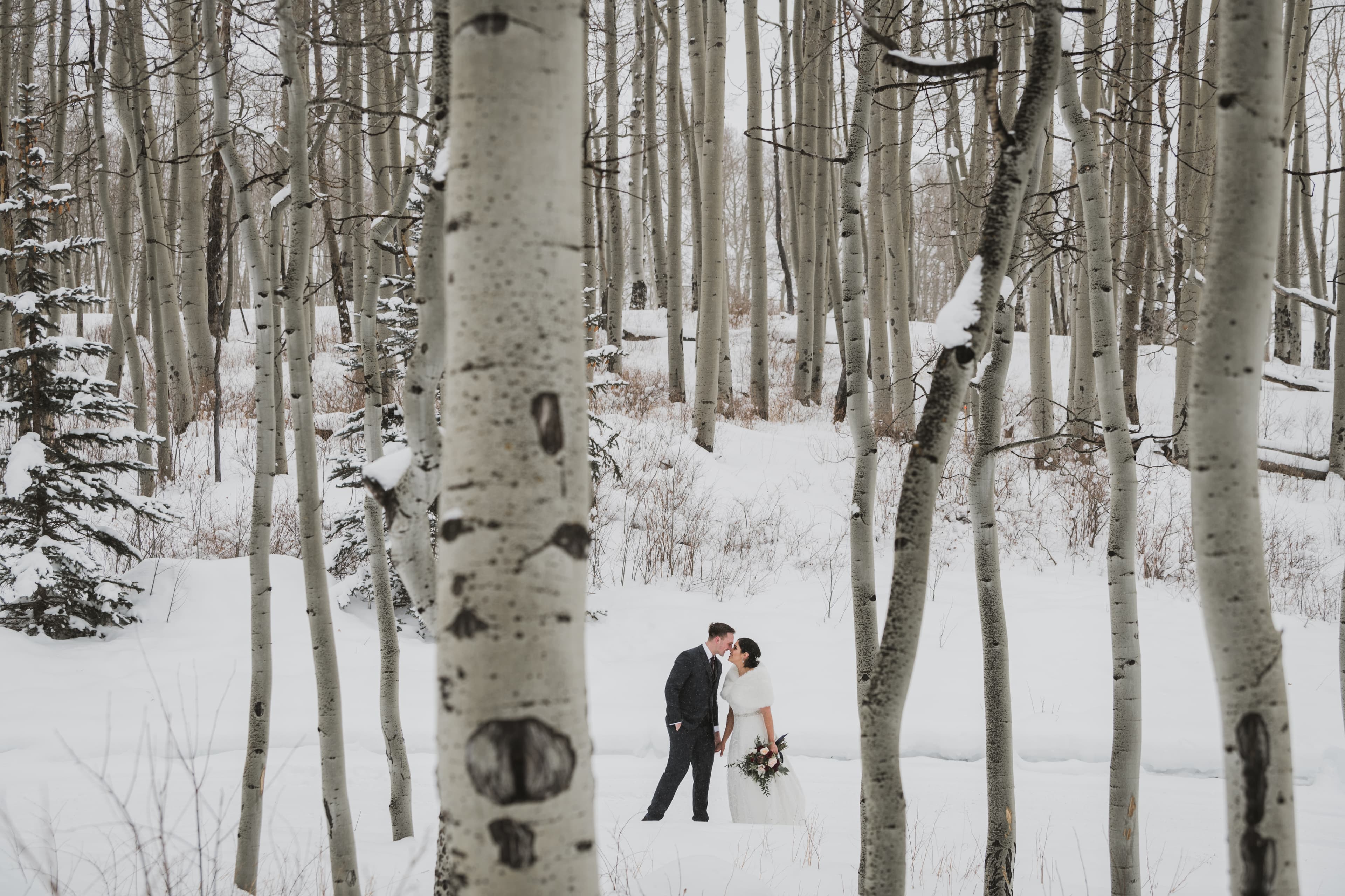 Sabrina and Patrick kissing in a snowy aspen grove above Telluride, Colorado