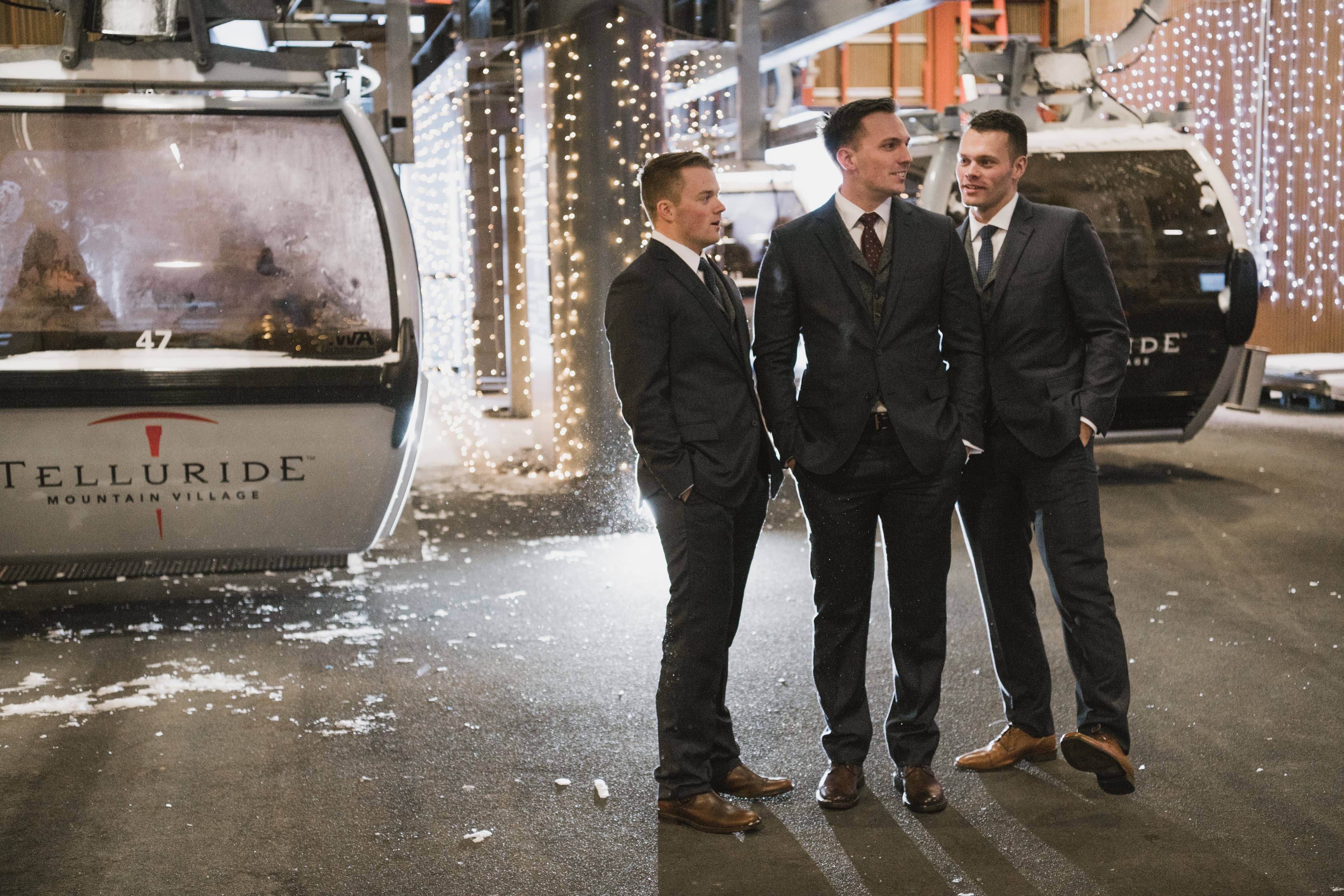 The groom and his groomsmen at the Telluride Mountain Village gondola station