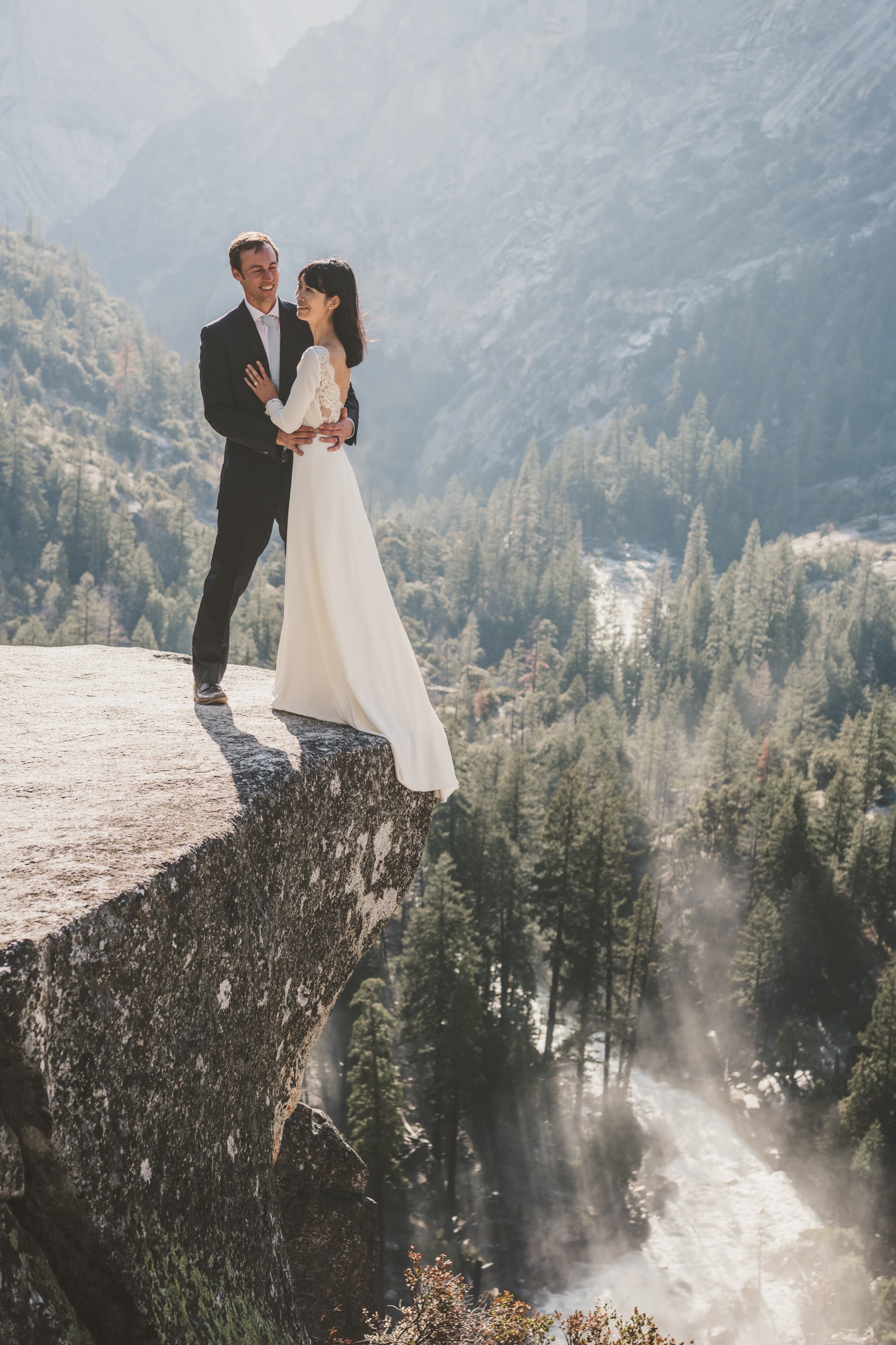 Sheri and Matt elopement portrait — golden light in Yosemite National Park