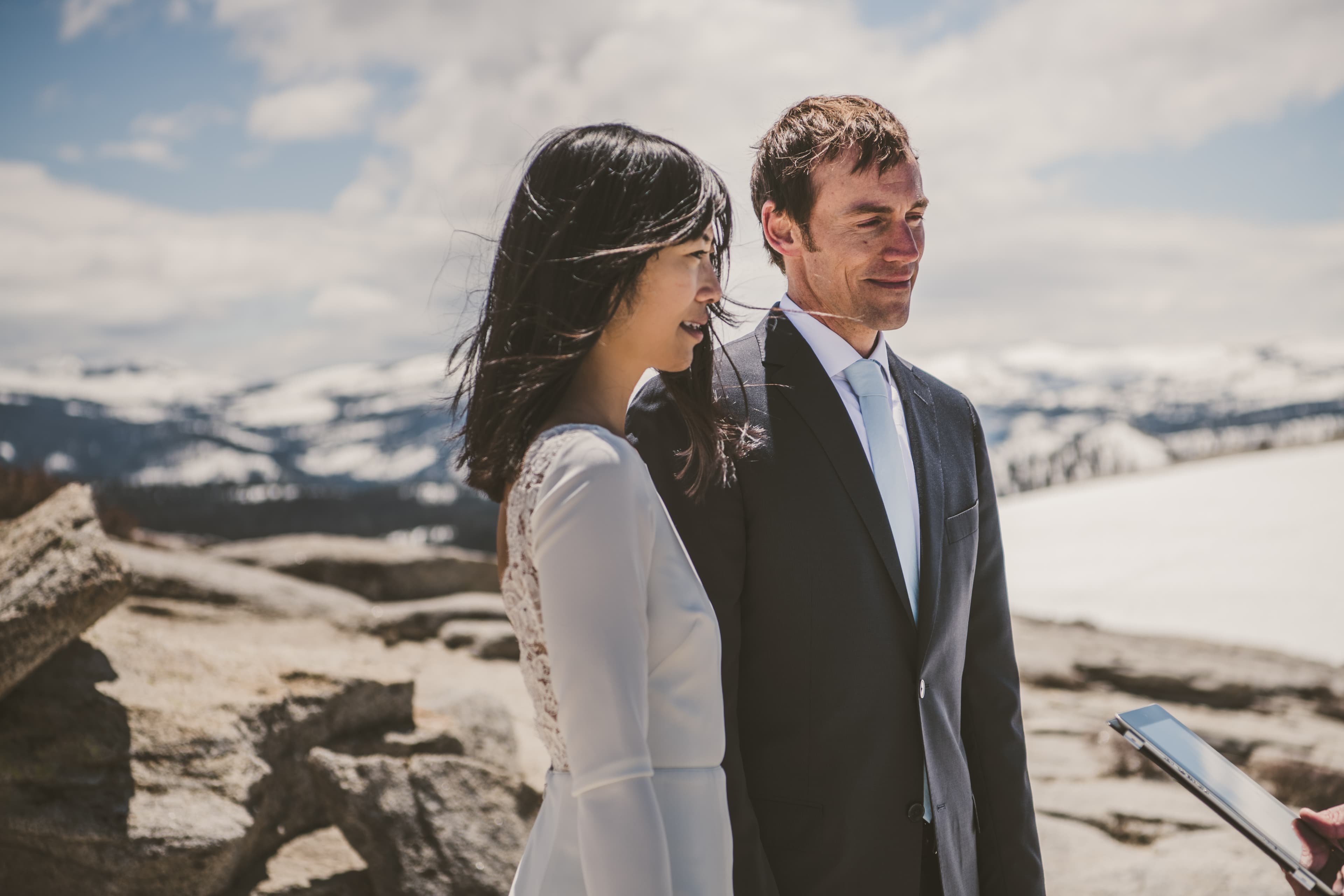 Sheri and Matt elopement portrait in Yosemite — natural light among granite and pine