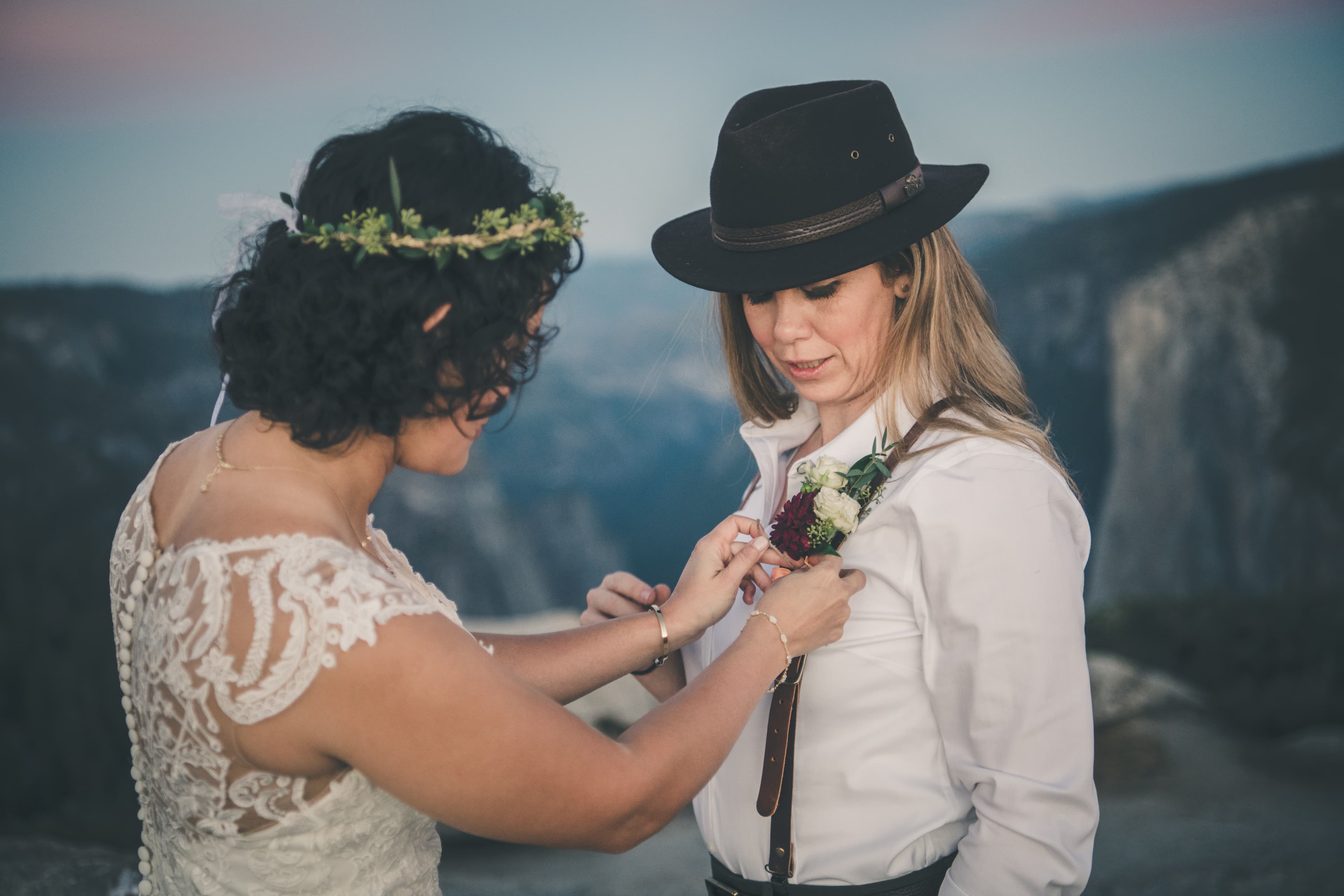Steph and Katie elopement in Yosemite National Park — couple portrait in the valley