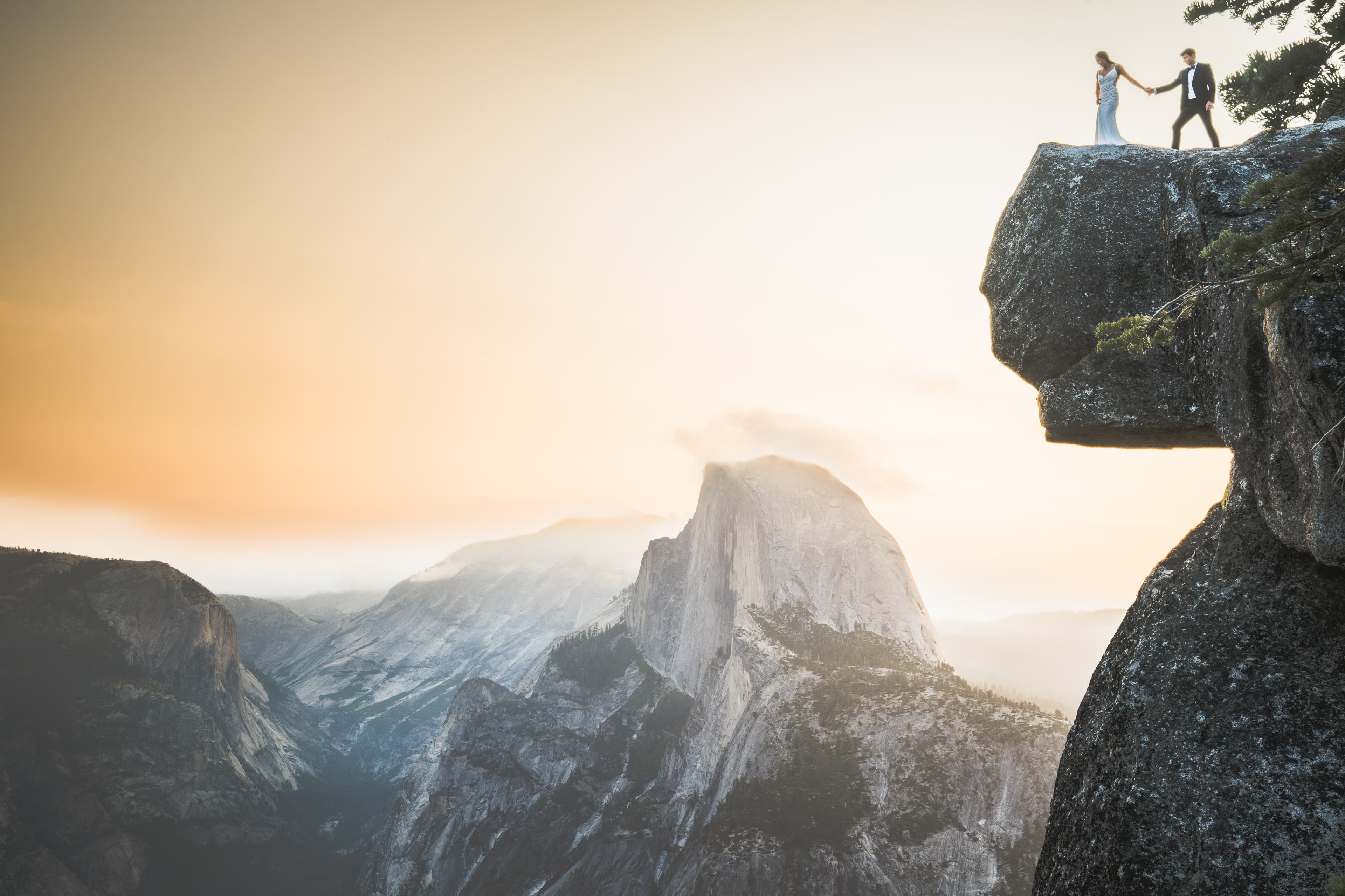 Yuleen and James Yosemite elopement — romantic portrait with Sierra backdrop