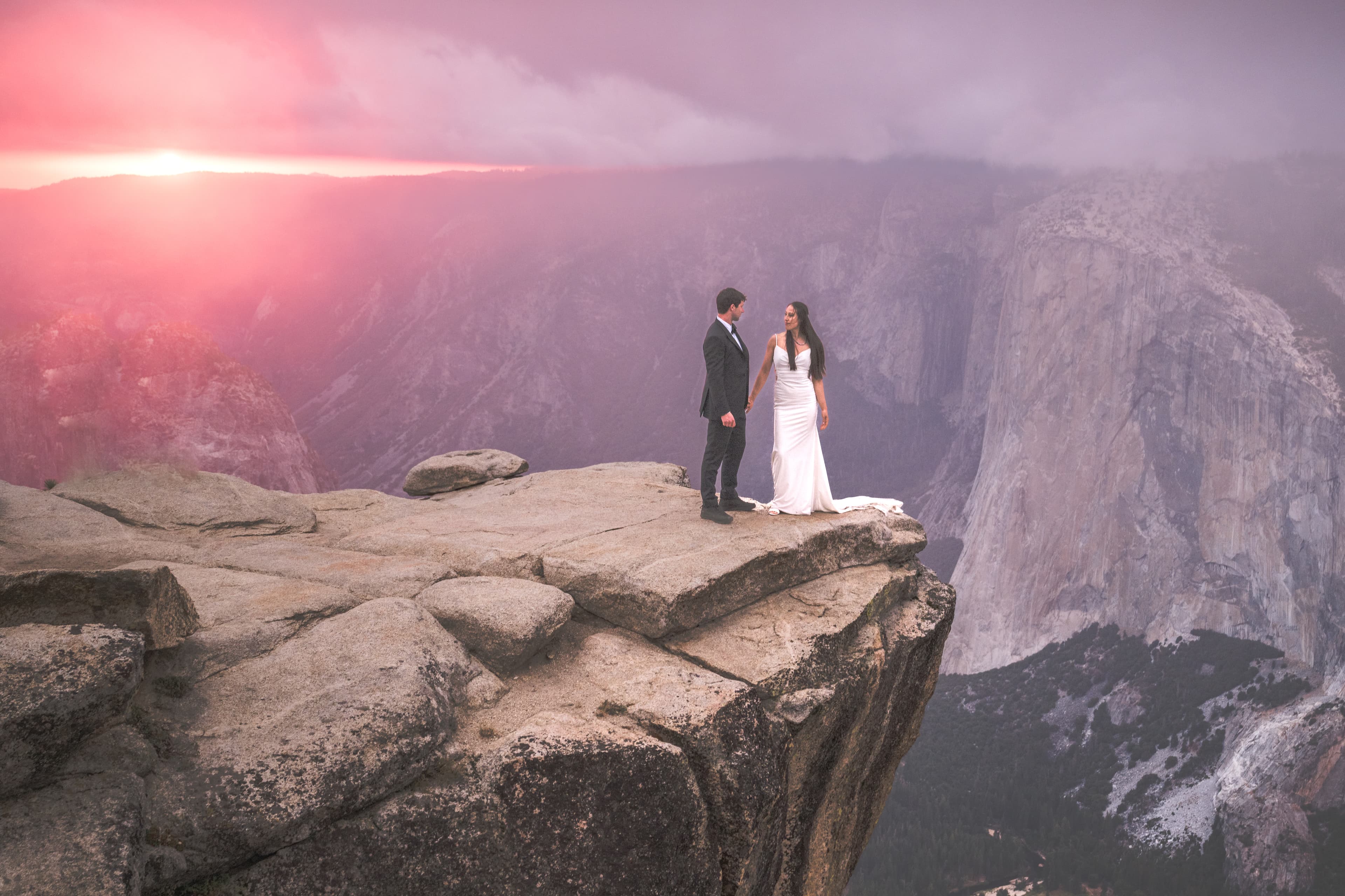 Yuleen and James elopement in Yosemite — couple with valley and pine scenery