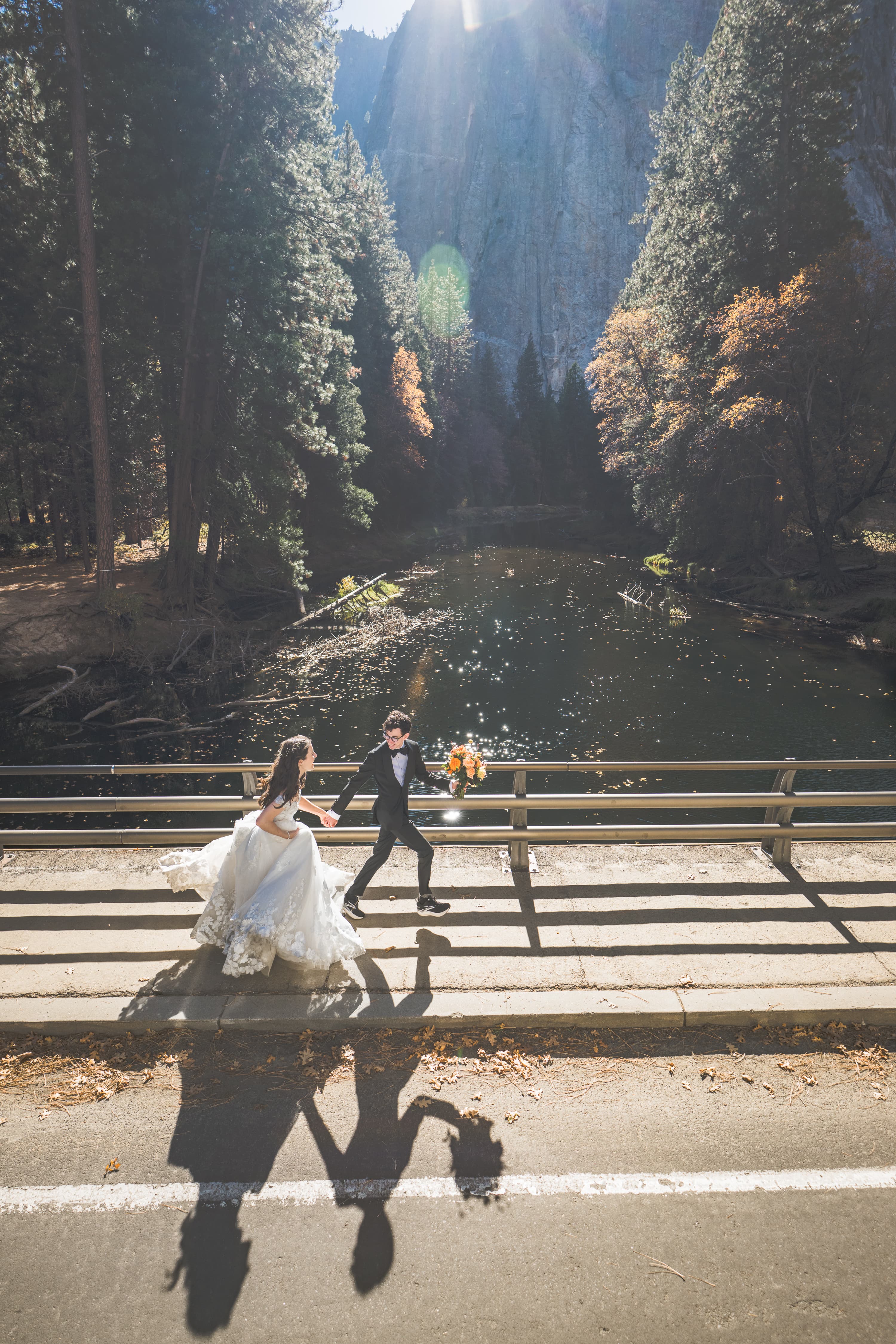 Adam and Steph Yosemite wedding — couple walking through the Sierra landscape