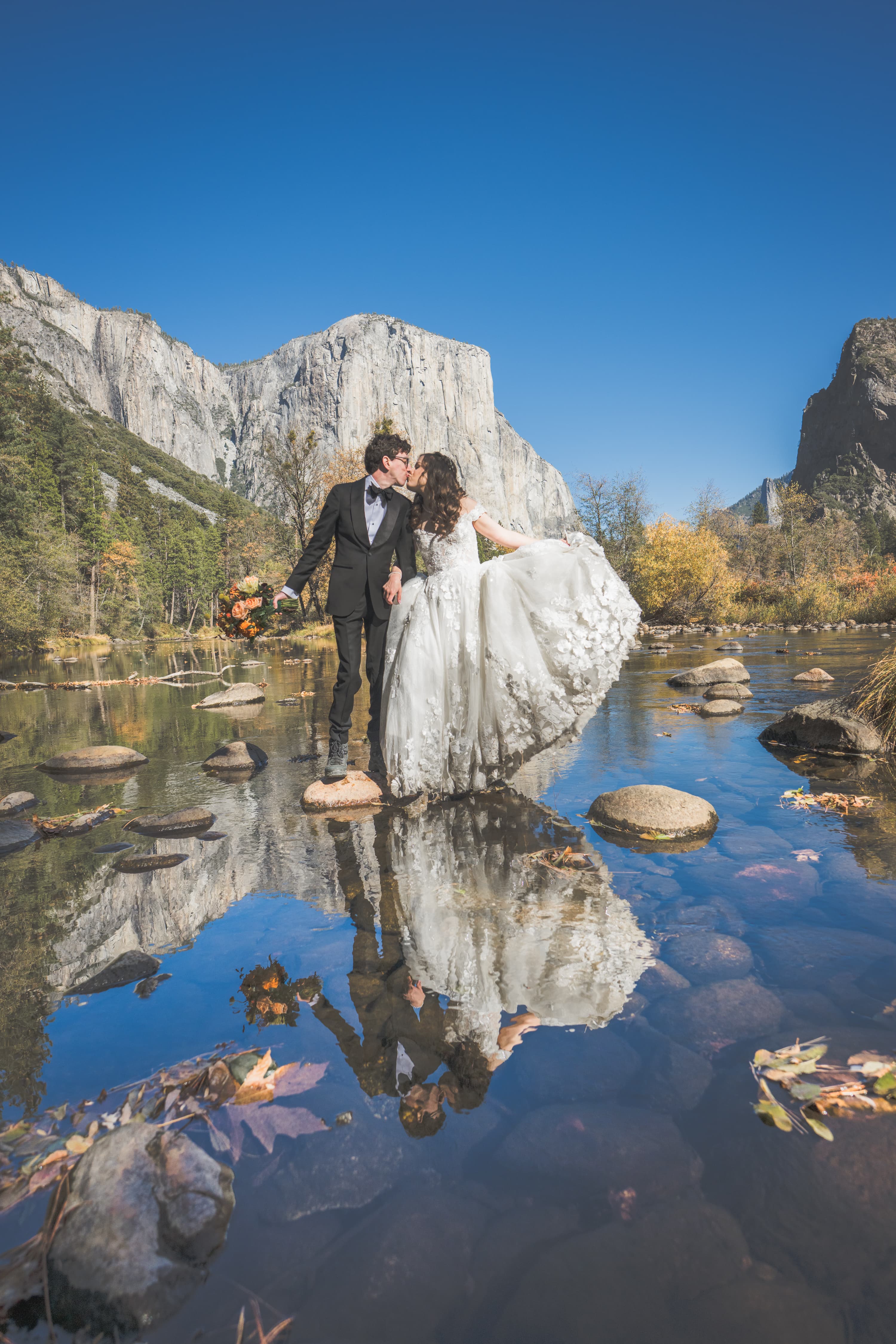 Adam and Steph wedding portrait — Yosemite valley scenery and pine forest