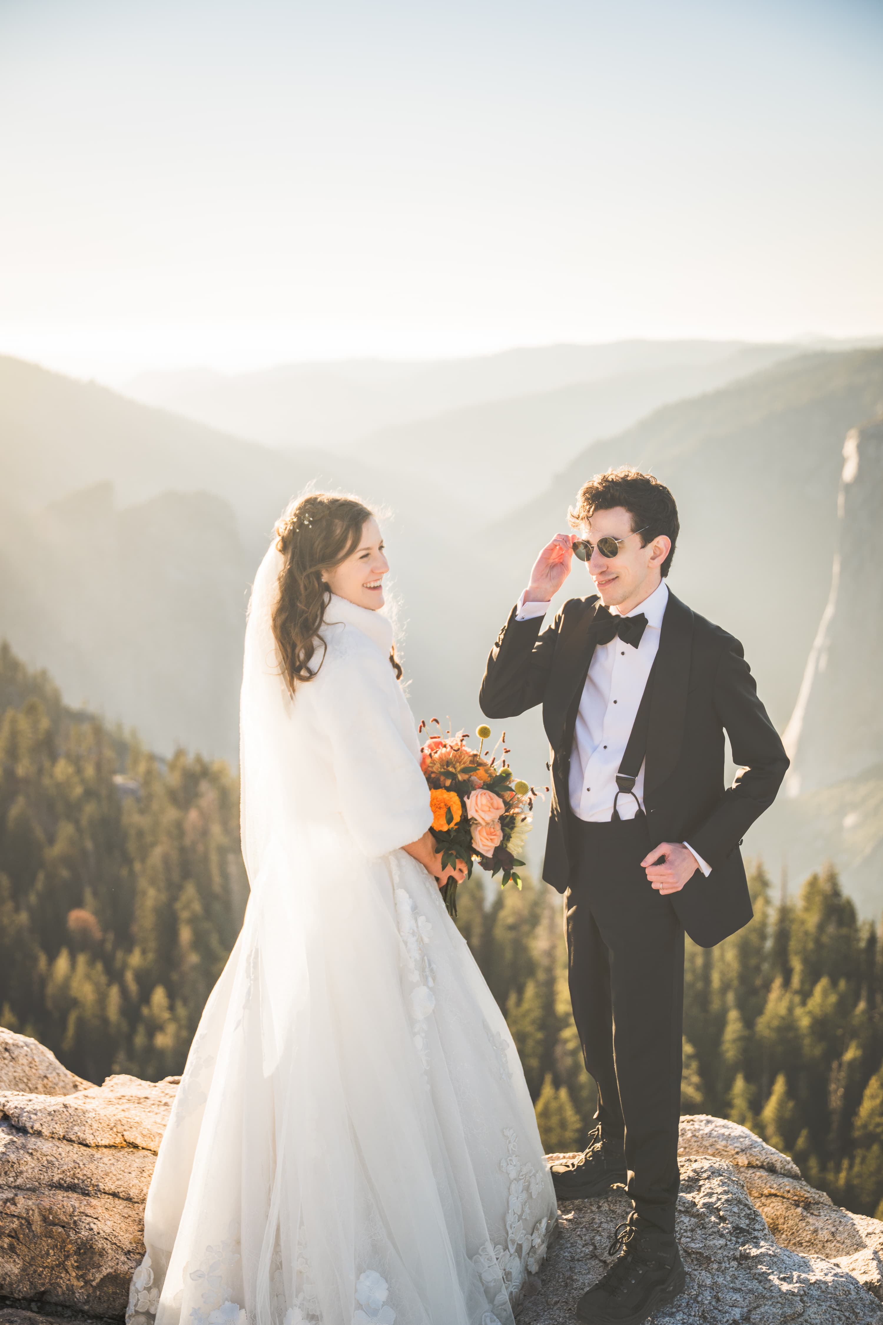 Adam and Steph Yosemite wedding — couple portrait with valley and granite